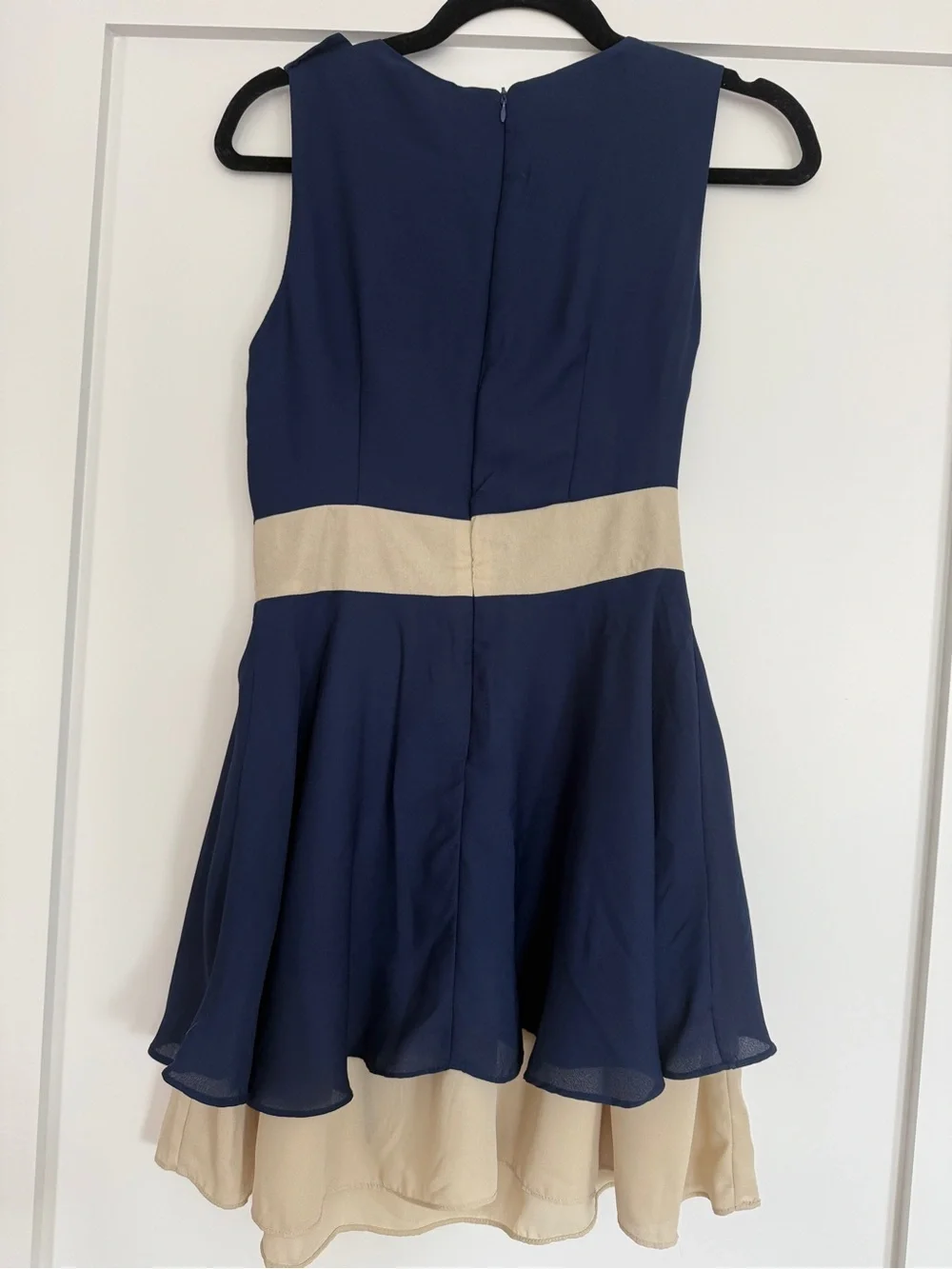 Navy Blue Fit & Flare Dress with Beige Waistband & Belt | Size Small